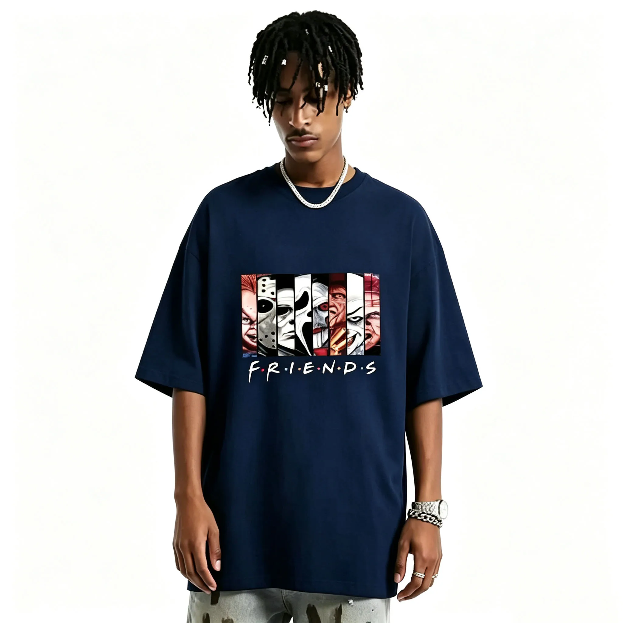 Men Loose T Shirt Horror Scary Character Collage Letter Friends Parody Tee Halloween Streetwear Short Sleeve Casual Unisex Tops