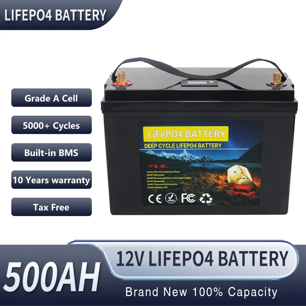 12V 500AH 400AH 300AH 200AH 100AH LiFePo4 Lithium Iron Phosphate Battery Built-in BMS 5000 Cycles For RV Campers Golf Cart Solar