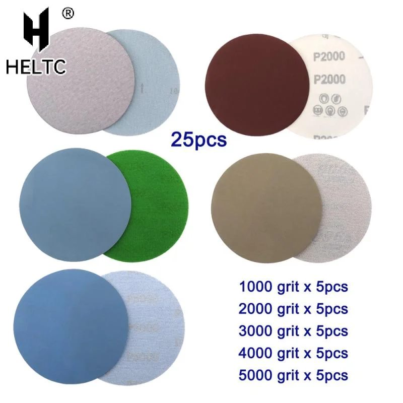 

1/2/3/4/5/6 дюймов наждачная бумага на липучке, 25 шт. в ассортименте 1000/2000/3000/4000/5000, круглая шлифовальная бумага для полировки