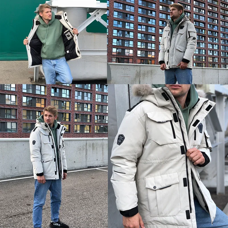 -30 Degrees Men Casual Waterproof Down Winter Coat Plus Size3XL Thicken Men's Down Jacket with Big Real Fur Collar Warm Parka