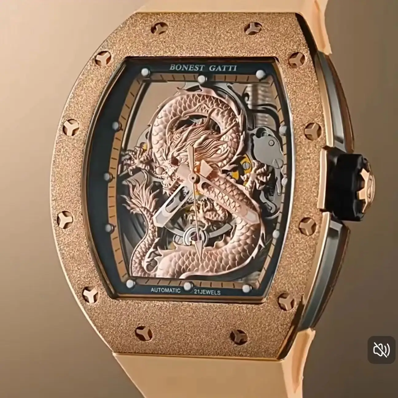 

BONEST GATTI Men Automatic Watch Tonneau Mechanical Wristwatch Sapphire Mirror Luminous Skeleton Dragon Dial FKM Strap
