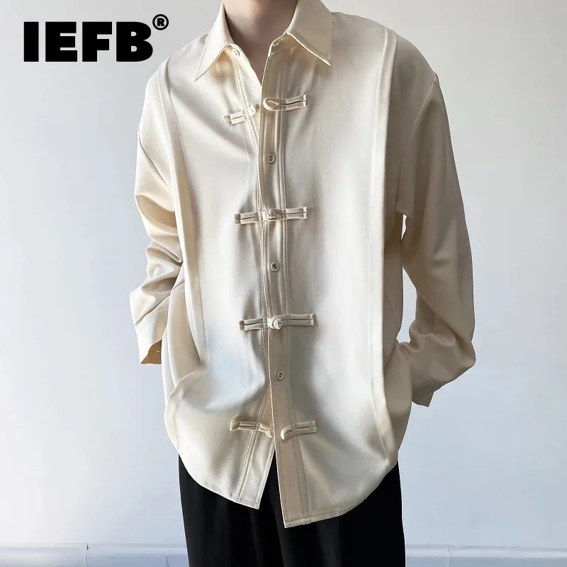 

IEFB Male Shirt Chinese Style Chic Button Lapel Long Sleeve Single Breasted Solid Color Summer Top Temperament Men 9C5458