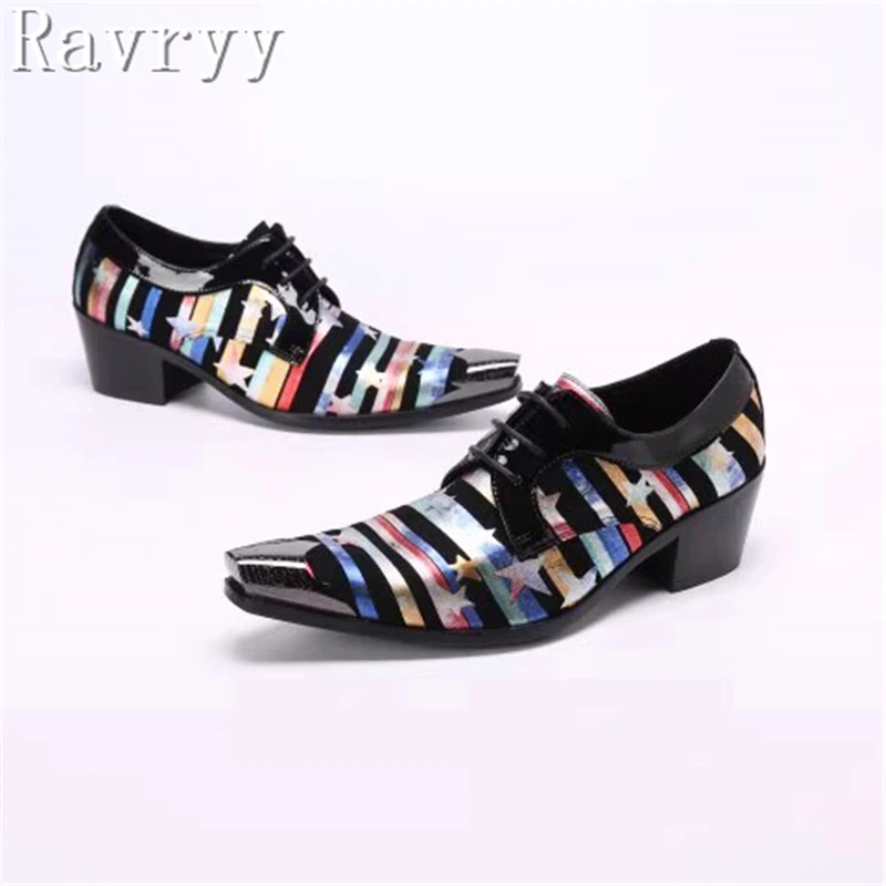 Men Pointed Toe High Heels Dress Shoes Prints Star Genuine Leather Business British Oxfords Shoes Lace Up Casual Footwear