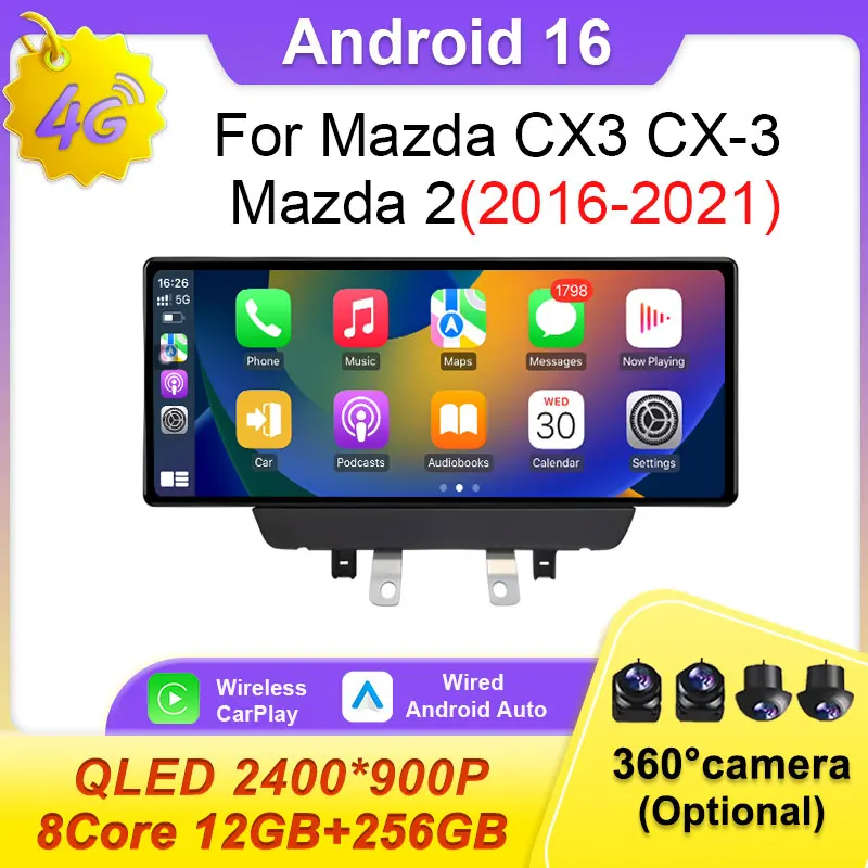 Radio para Auto Android 16 con Pantalla Dividida, CarPlay Inalámbrico, GPS, Navegación, WIFI, 4G, DSP y Estéreo para Mazda CX3 CX-3 Mazda 2 2016-2021