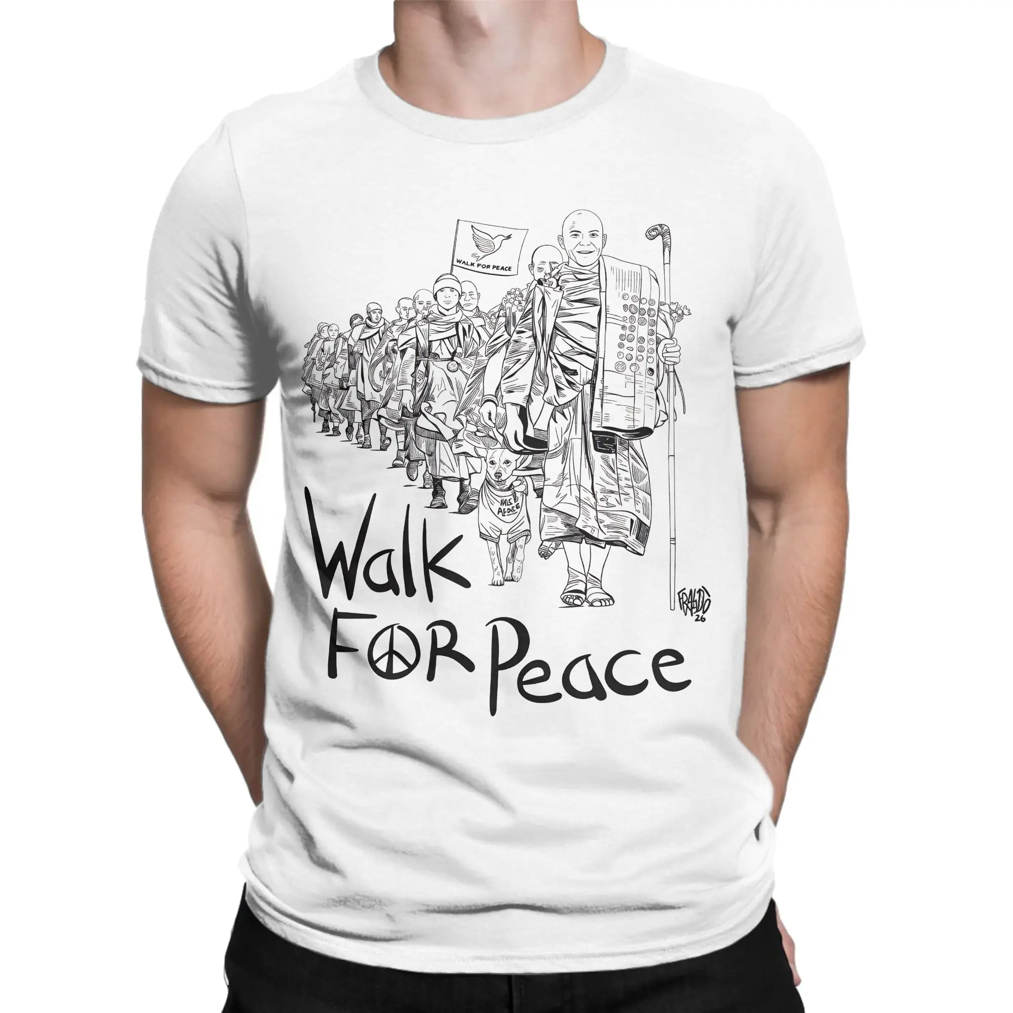 Funny Peace Walking Monks And Aloka Dog Walk For Peace T-Shirt for Men Crewneck 100% Cotton T Shirts Tee Shirt Summer Clothes