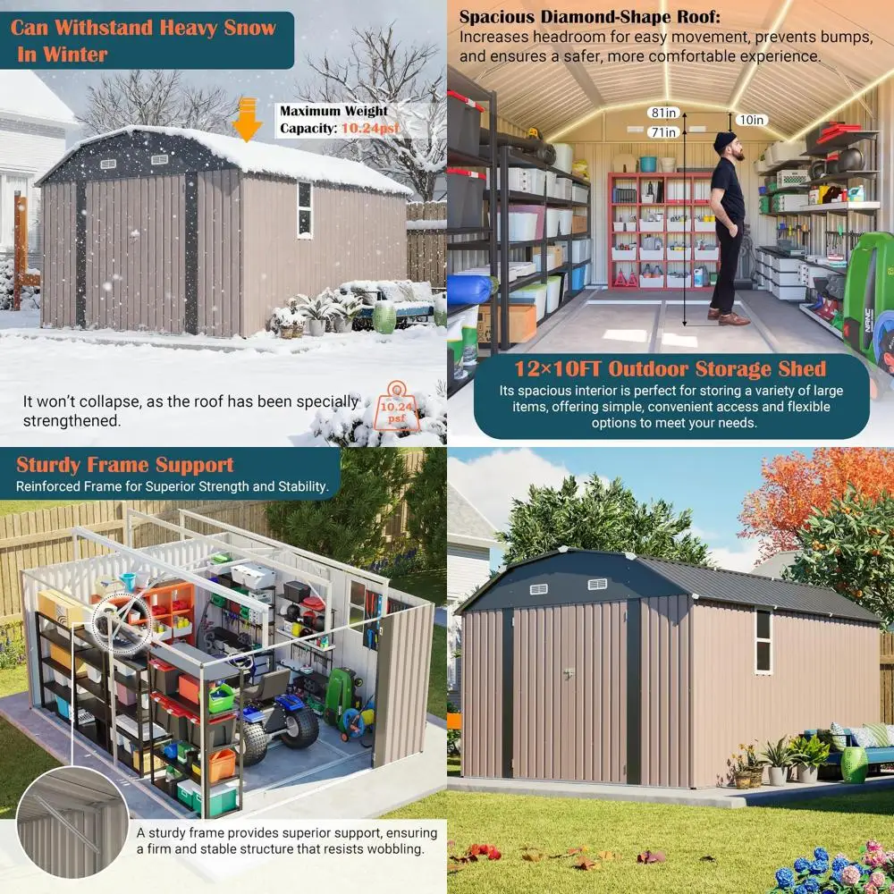 

10x12 Heavy-Duty Galvanized Steel Outdoor Shed with Floor, Diamond Roof, 4 Vents, and Lock for Garden Tools