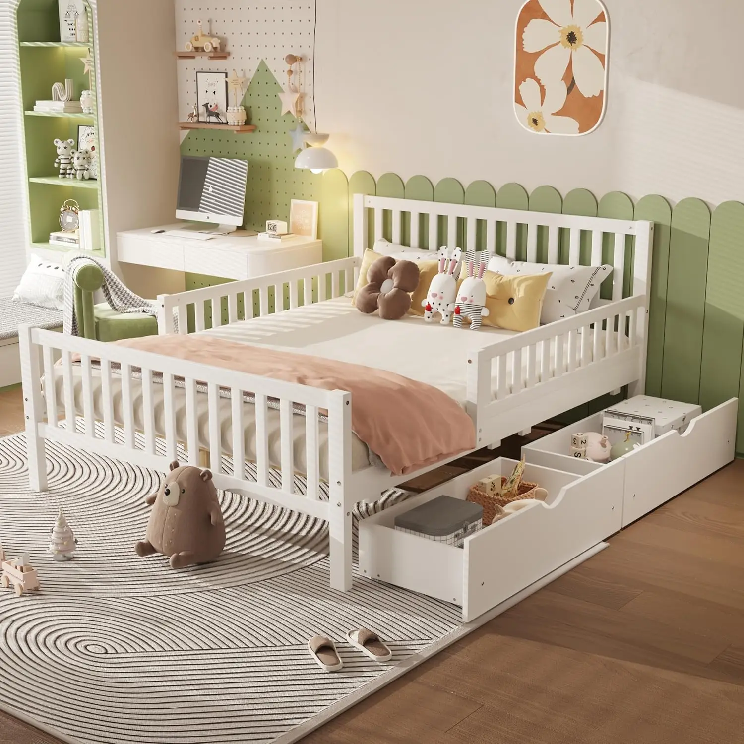 보관 서랍과 양쪽 가드레일이 있는 어린이용 풀 침대 프레임, 머리판과 판금 지지대가 있는 어린이용 플랫폼 침대,