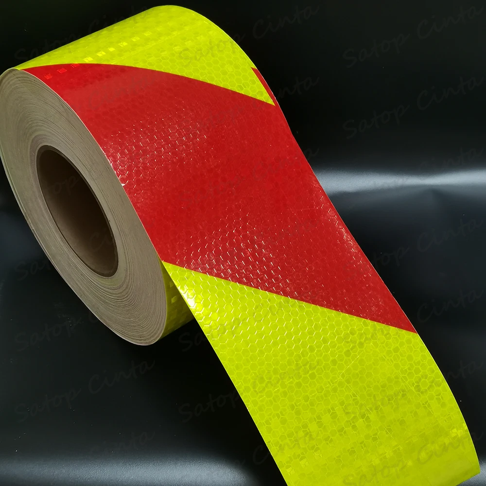 10cm*5M Fluorescent Yellow And Red Striped Reflective Safety Tape Waterproof Twill Adhesive Reflector Warning Stickers For Truck