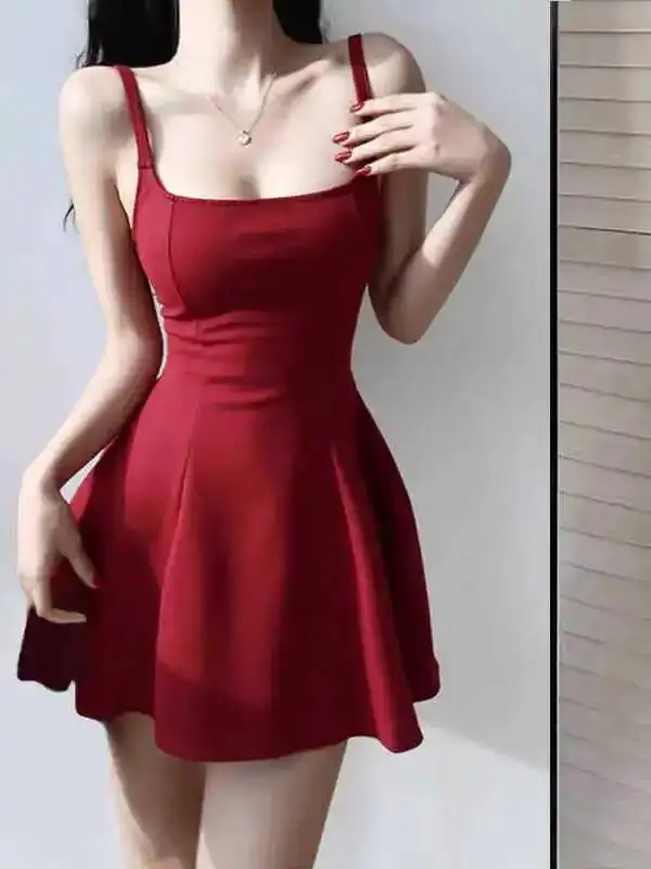 

French Style Women's Trend Fashion Pure Desire Spicy Girl Style Square Neck Sling Dress Slim Waist A-line Short Dress TQK4