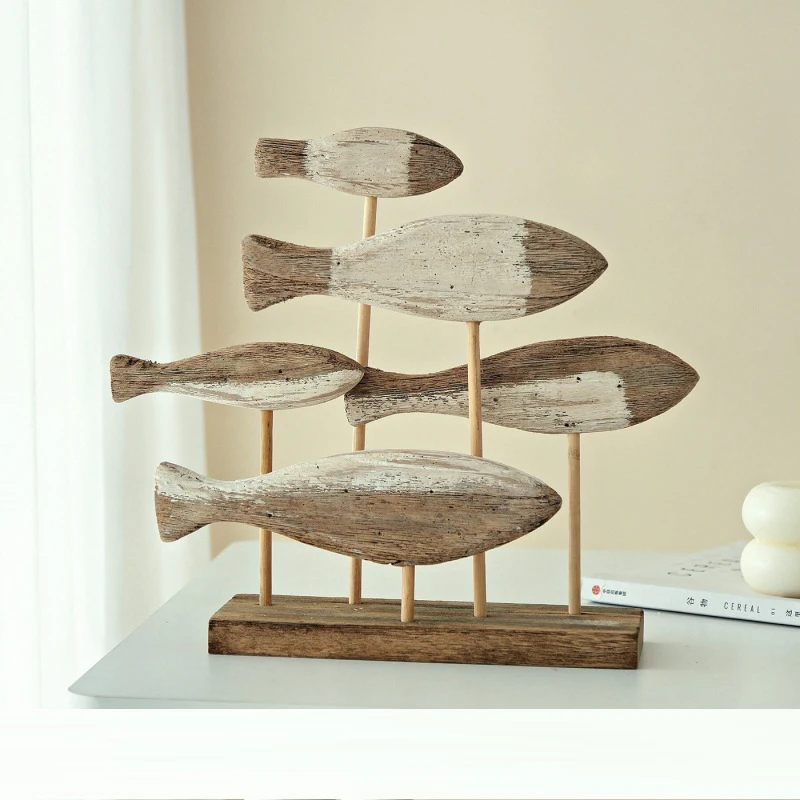 Retro Ocean Style 3D Wooden Shoal of Fish Decorations Creative Mediterranean Hand Carving Desktop Ornaments DIY Bar Home Decor