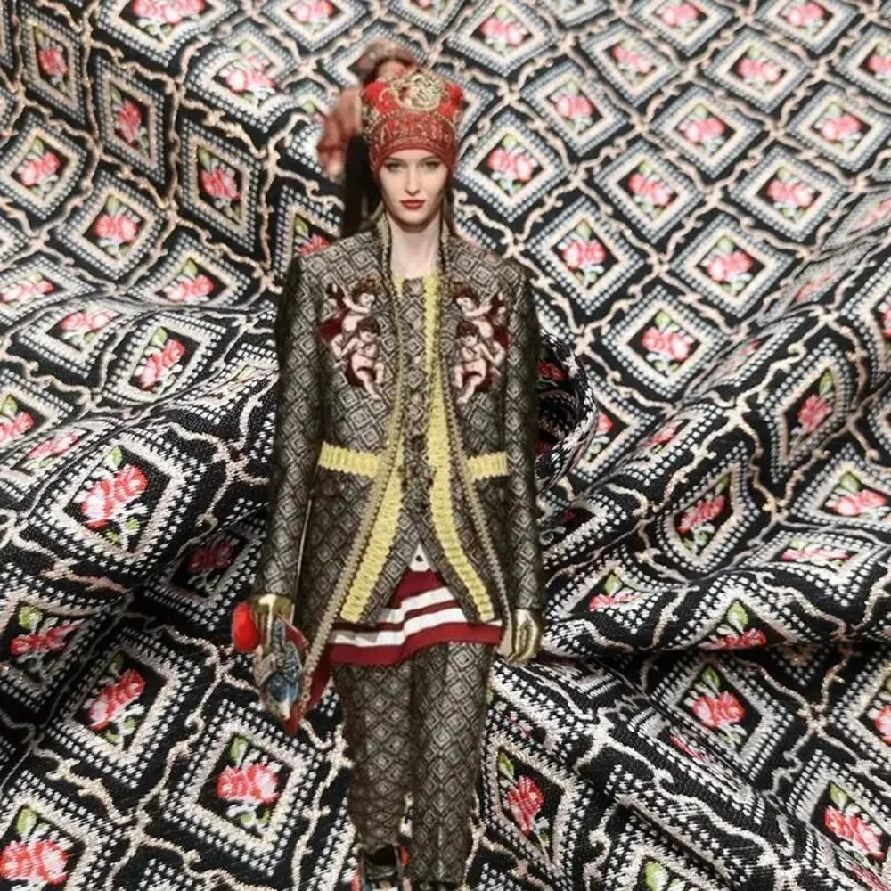 

European Embossed Square Brocade Jacquard Fabric Fashion Trench Coat Suit Clothing Material for Sewing By The Yard