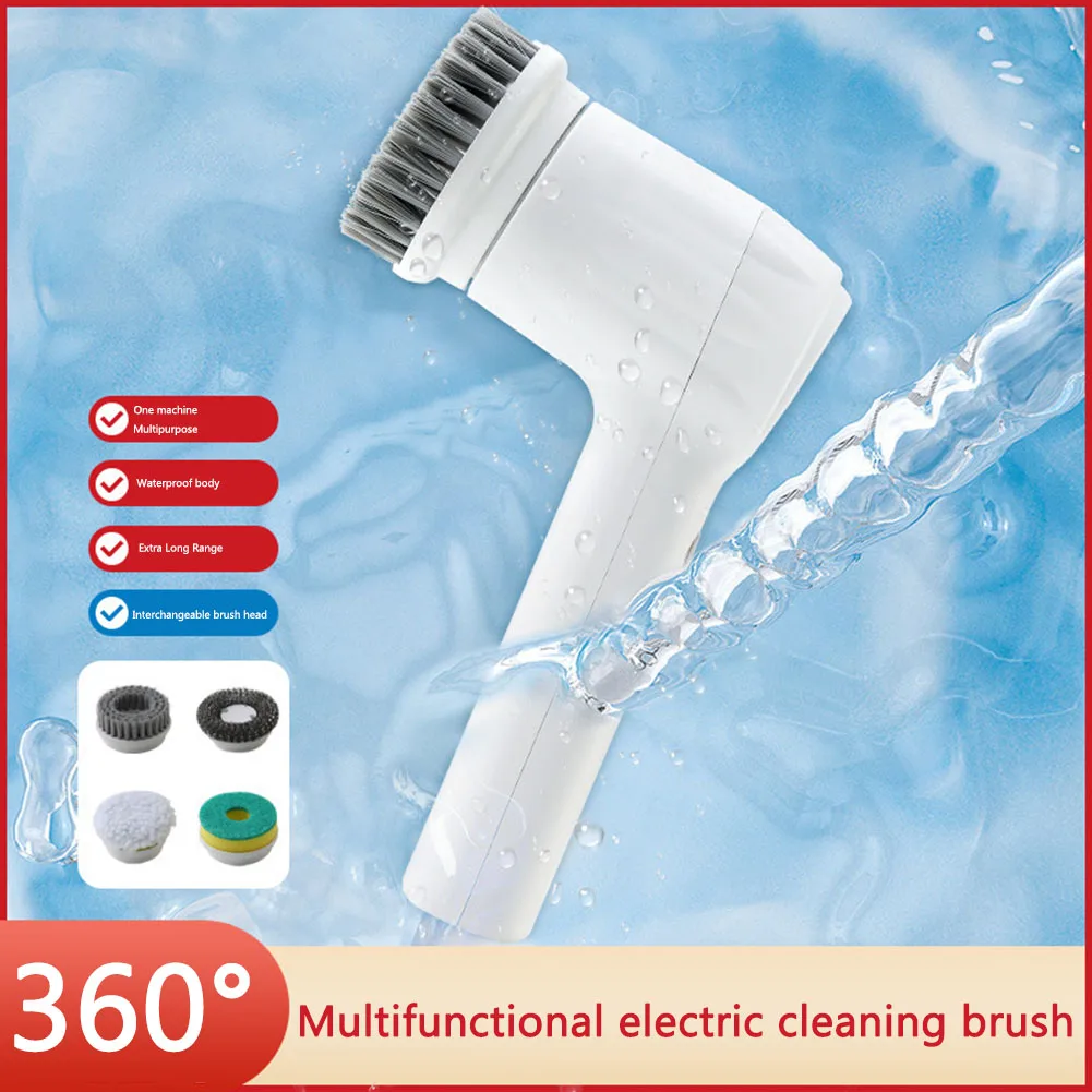 Wireless Electric Cleaner Brush Multifunctional 360 Degree Electric Dishwashing Brush USB Charging with 4 Heads for Home Kitchen