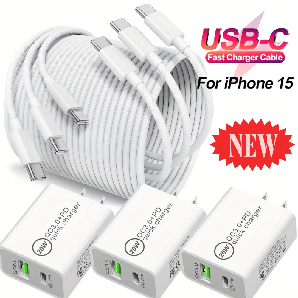 

[QC 3.0 USB-C PD Charger] 3x For iPhone 15 Pro Max iPad Samsung 20W QC 3.0 USB-C Fast Charger PD Type-C 3.3FT Cable