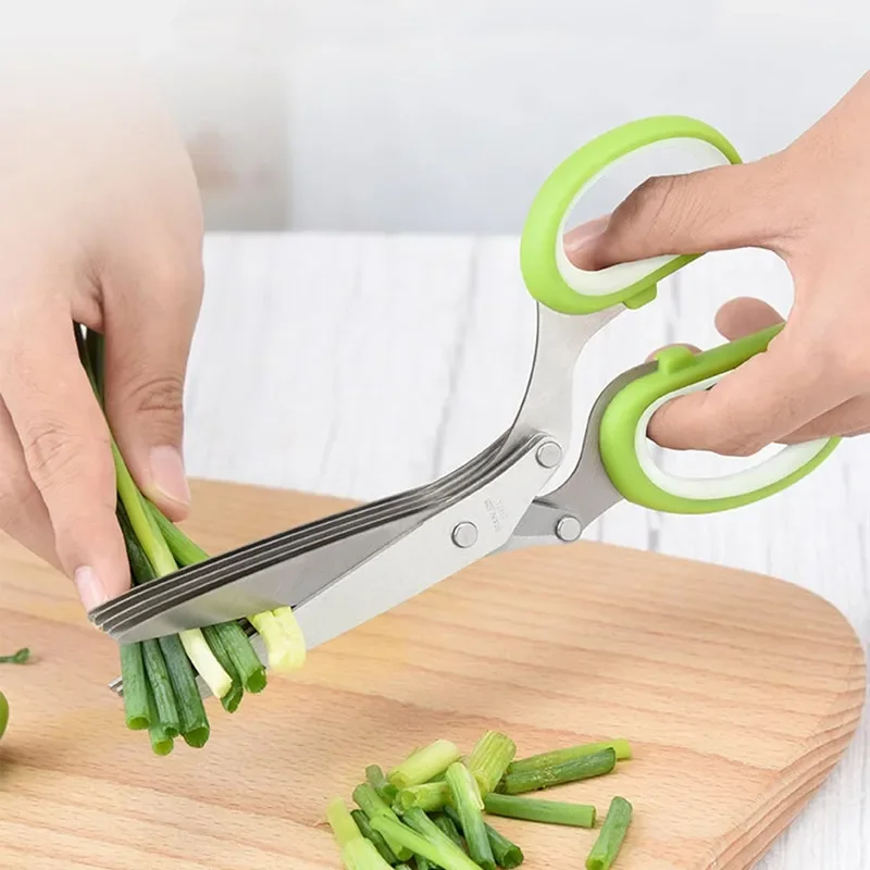 Multi functional stainless steel knife, onion cutter, cooking slicer, kitchen scissors, 5-layer