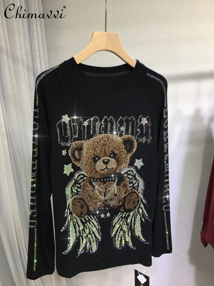 

European Heavy Hot Diamond Bottoming Shirt Autumn and Winter New Fashion Cute Bear Round Neck T-shirt Long Sleeve Black Tops