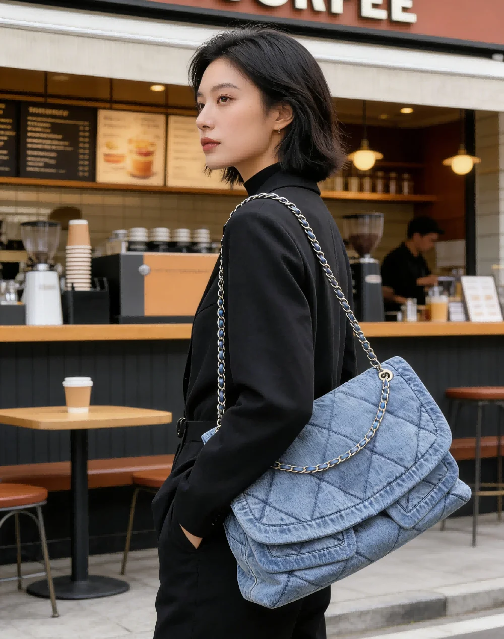 

Brand Designer Denim Plaid Quilted Women's Shoulder Bag Retro Lock Chain Crossbody Bag Flap Handbag with two Pockets