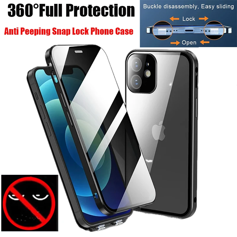 360°Full Protection Metal Magnetic Double-Sided Glass Snap Lock Anti Peeping Phone Case For iPhone 15 14 13 12 16 Pro Max Cover