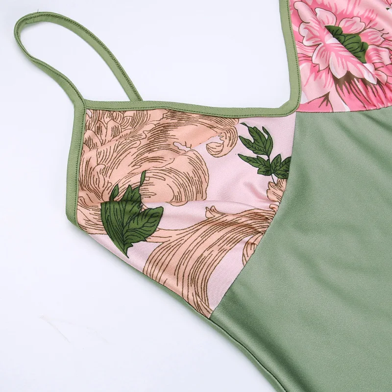 Abito maxi verde floreale da donna Abito lungo aderente aderente estivo Abito da spiaggia per le vacanze Abito con stampa bohémien Abito slim fit