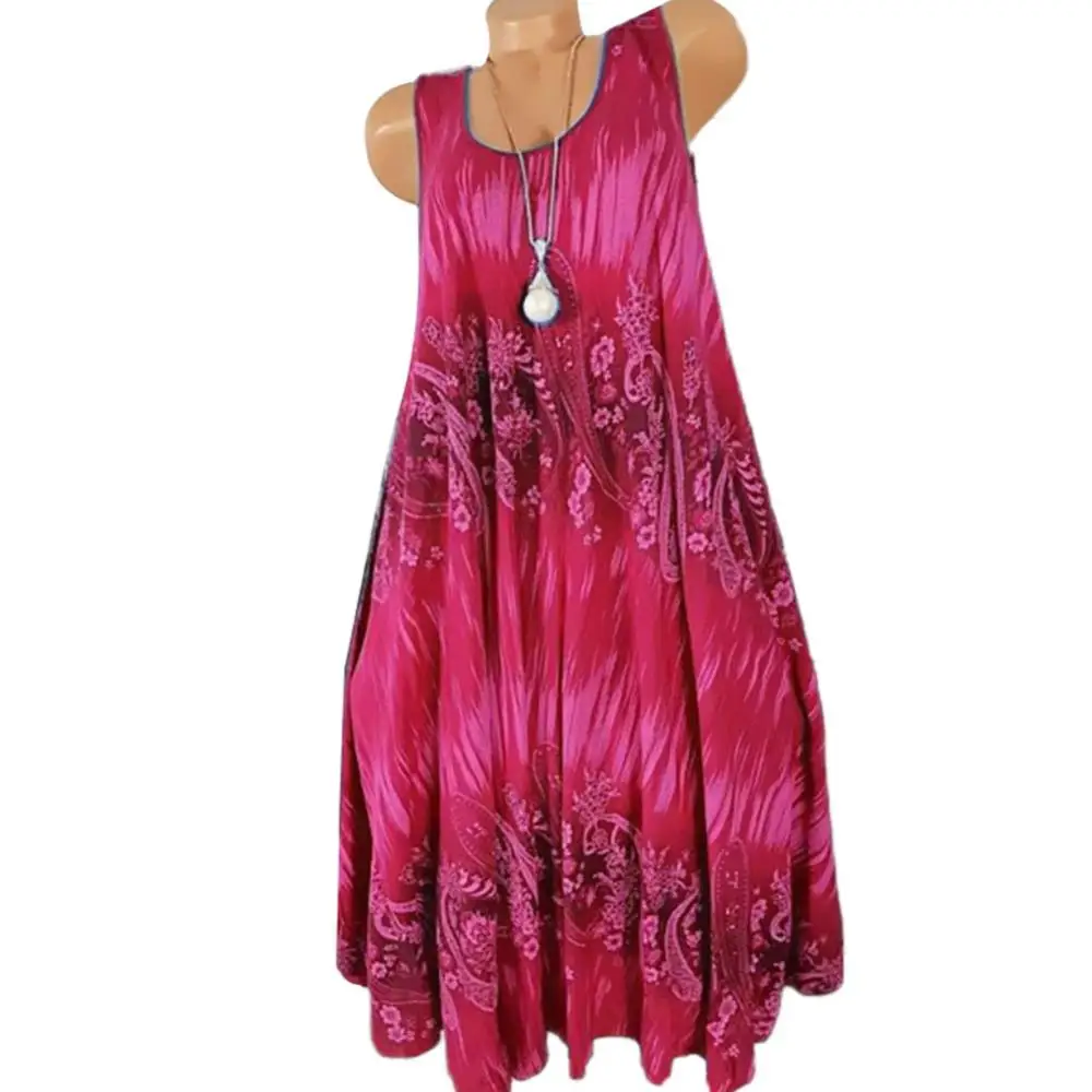 Hot Sales!!! Women Summer Floral Print Round Neck Sleeveless Loose Pleated Plus Tank Dress