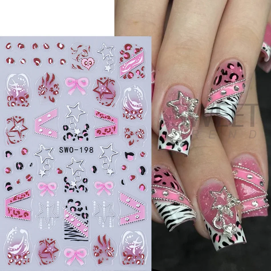 2 Stück Y2K Nagelaufkleber Schwarz Rosa Leopardenmuster Schleife Hohlstern Band Französisches Design Nagelsticker DIY Halloween Maniküre Deko – Detail 3