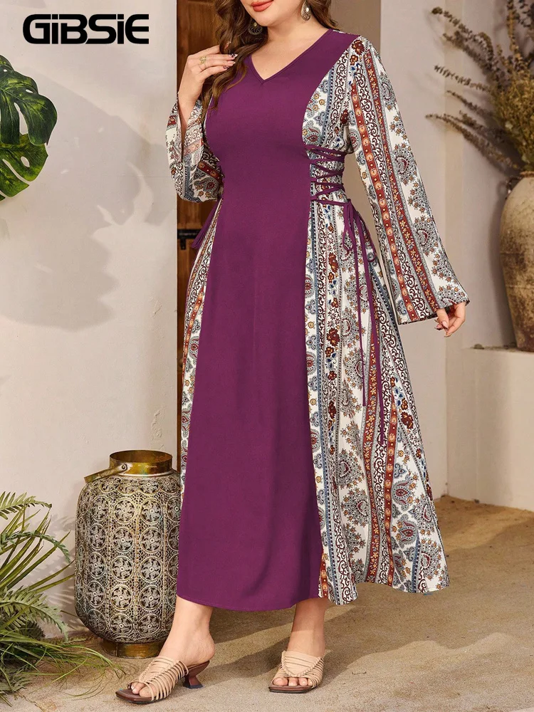 

GIBSIE Большие размеры, длинное платье для отпуска со смешанным принтом, женское весенне-осеннее винтажное платье трапециевидной формы с v-образным вырезом и длинными рукавами на шнуровке по бокам