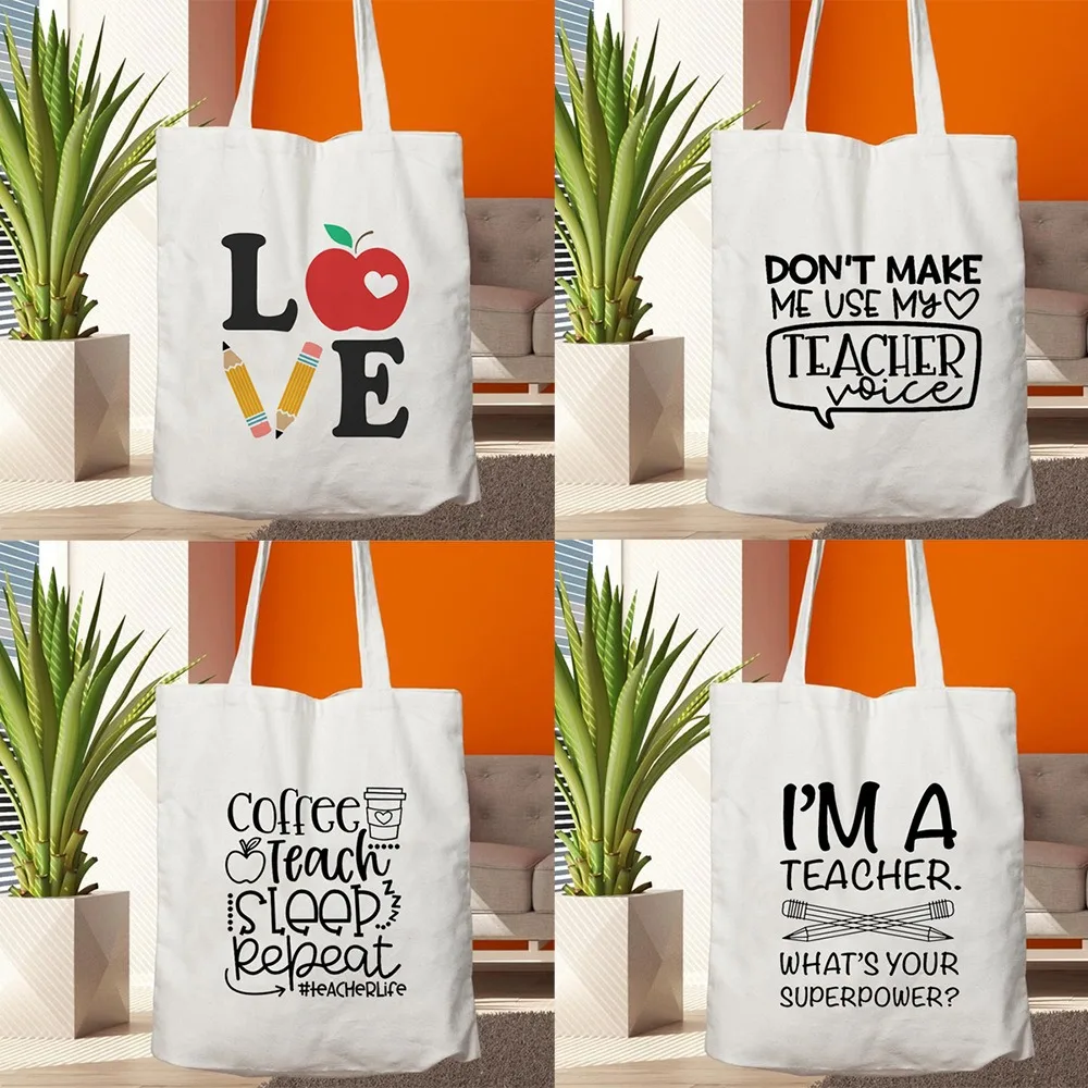 Teacher Life Printed LoveTote Bag Canvas Casual Shoulder Bag Teacher's Day Gift Student Handheld Shopping Bag