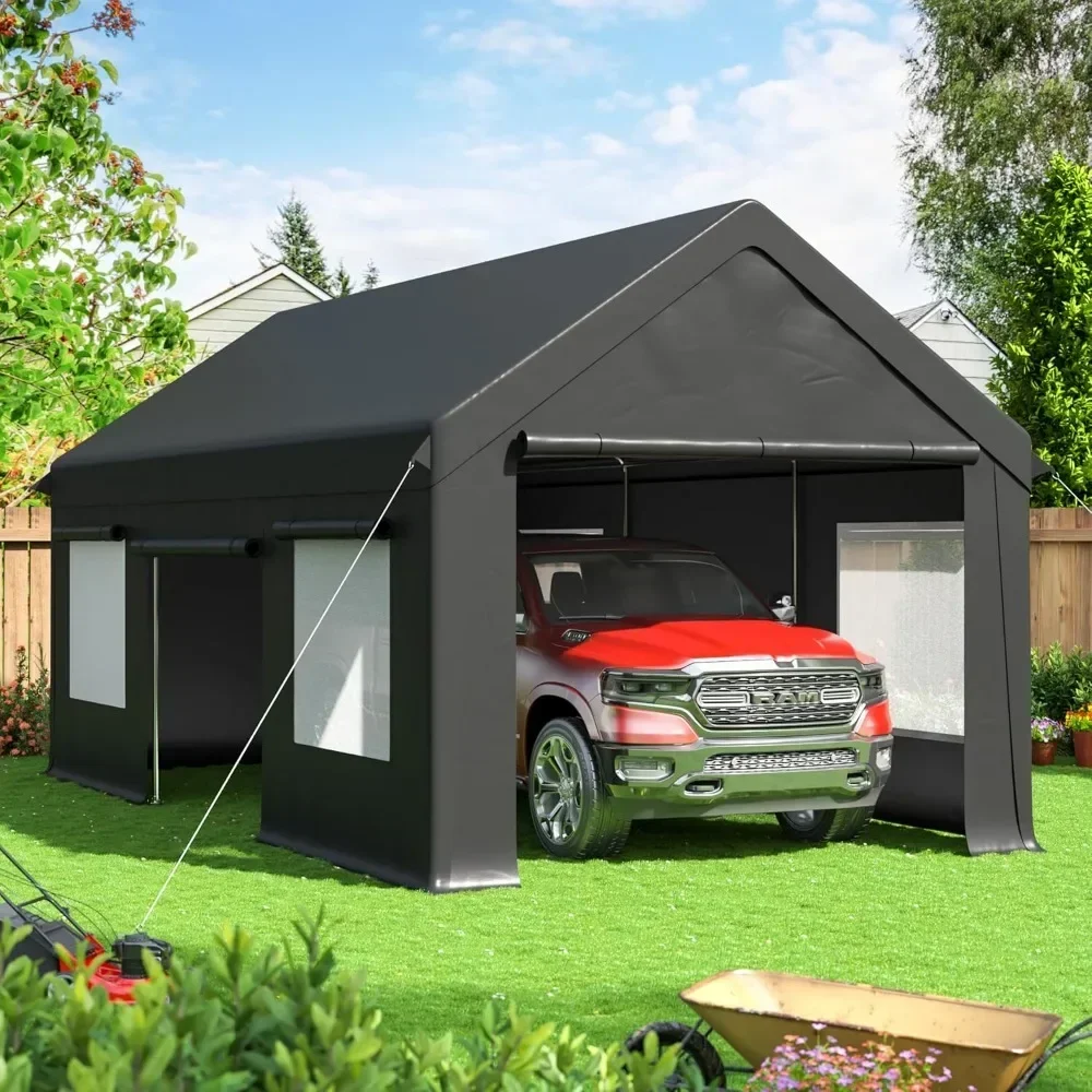 

Carport, 10x20 foot heavy duty carport with roller shutter windows, portable garage with removable sidewalls and doors Gazebos