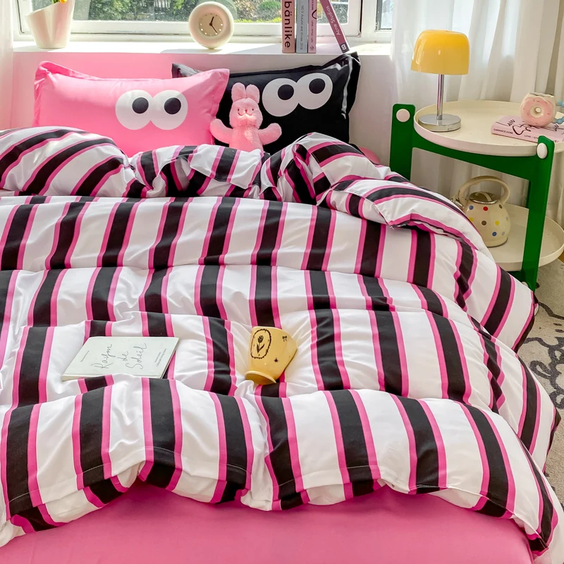 Nordic INS Black Pink Striped Printing Duvet Cover And Sheet 150 Bedding Set Adult Single Double Queen Comforter Sets 200x230cm