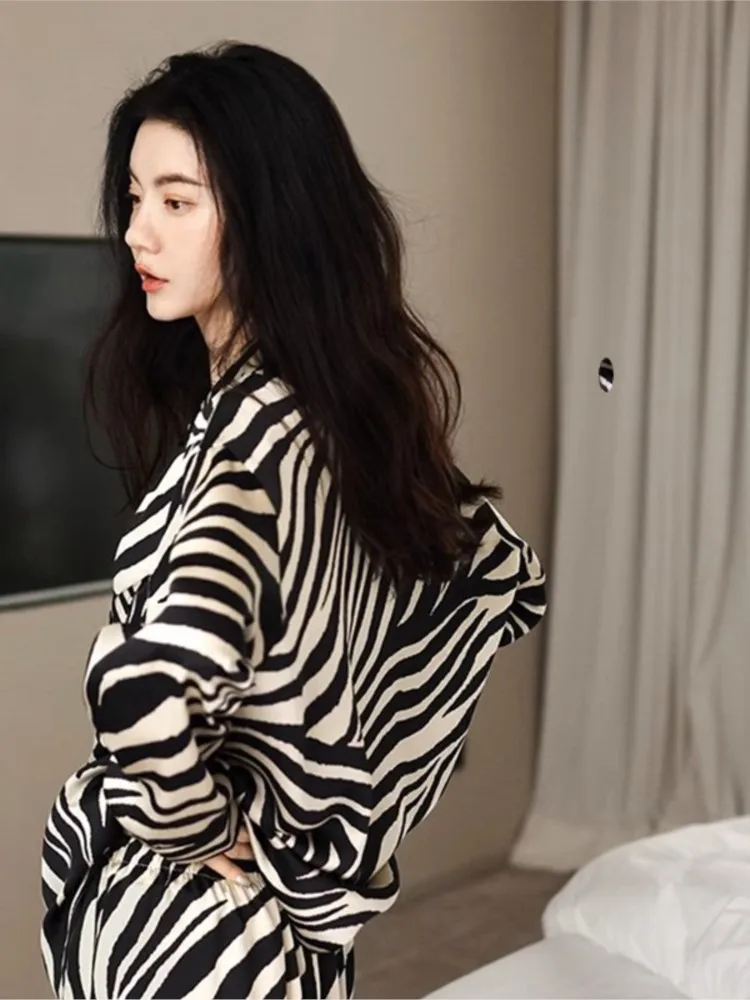 Zebra Stripes Long Sleeve Top And Wide Leg Pant Sets Spring Autumn Women Pajamas Cotton Blend Button Shirts Trouser Fashion Suit