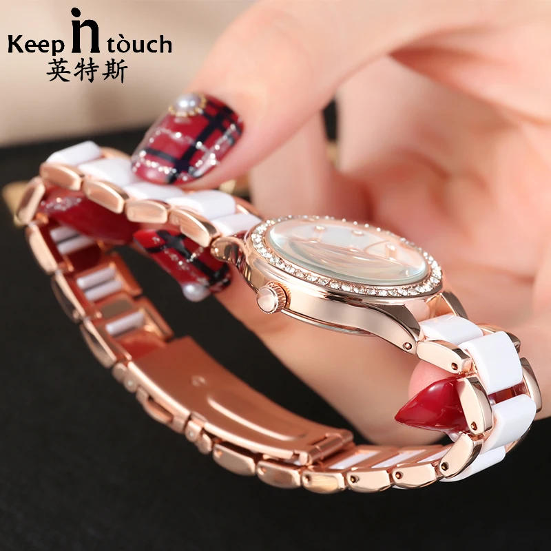 Women\'s Wristwatch Fashion Rose Gold Resin Ceramic Rhinestone Quartz Watches Woman 2024 Girl Ladies Clock