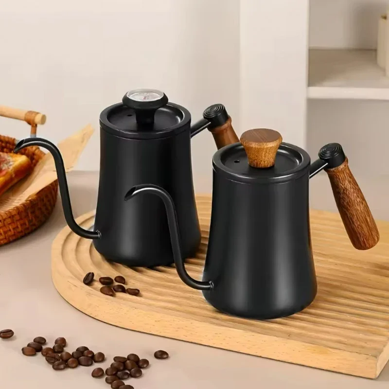 550/600ml Handmade Coffee Pot with 304 Stainless Steel Thermometer Clear Scale Solid Wood Handle High Quality Coffee Utensils
