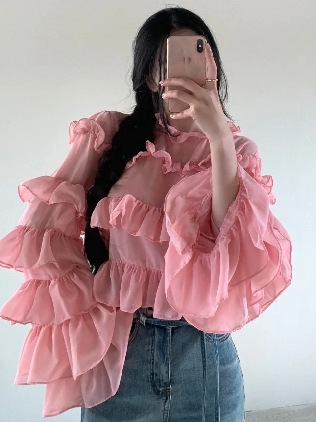 

Spring New Design Women's Loose Bell Sve irt Cake Lace Trim Layered Top Ele Fene Sle Casual Comfortable Fit