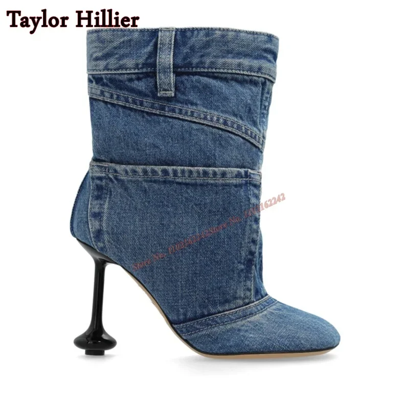 Autumn Special-Shaped Square Toe Short Boots Blue Stitching Cowboy Women\'S Boots Fashion Party Catwalk Slip-On Luxury Short Boot