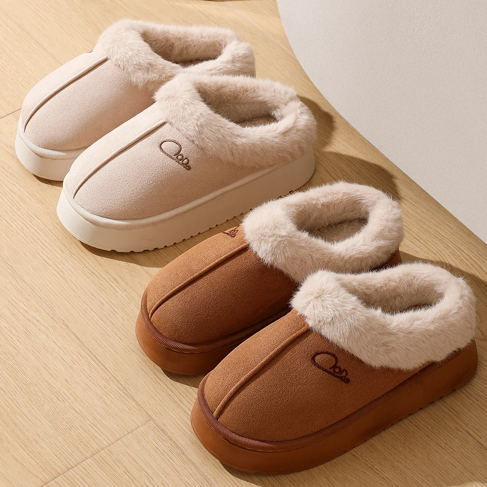 New Concise Fashion Winter Warm Closed-toe Fluffy Slippers For Women Platform Non-slip Slides Ladies' Mule Home Cotton Shoes