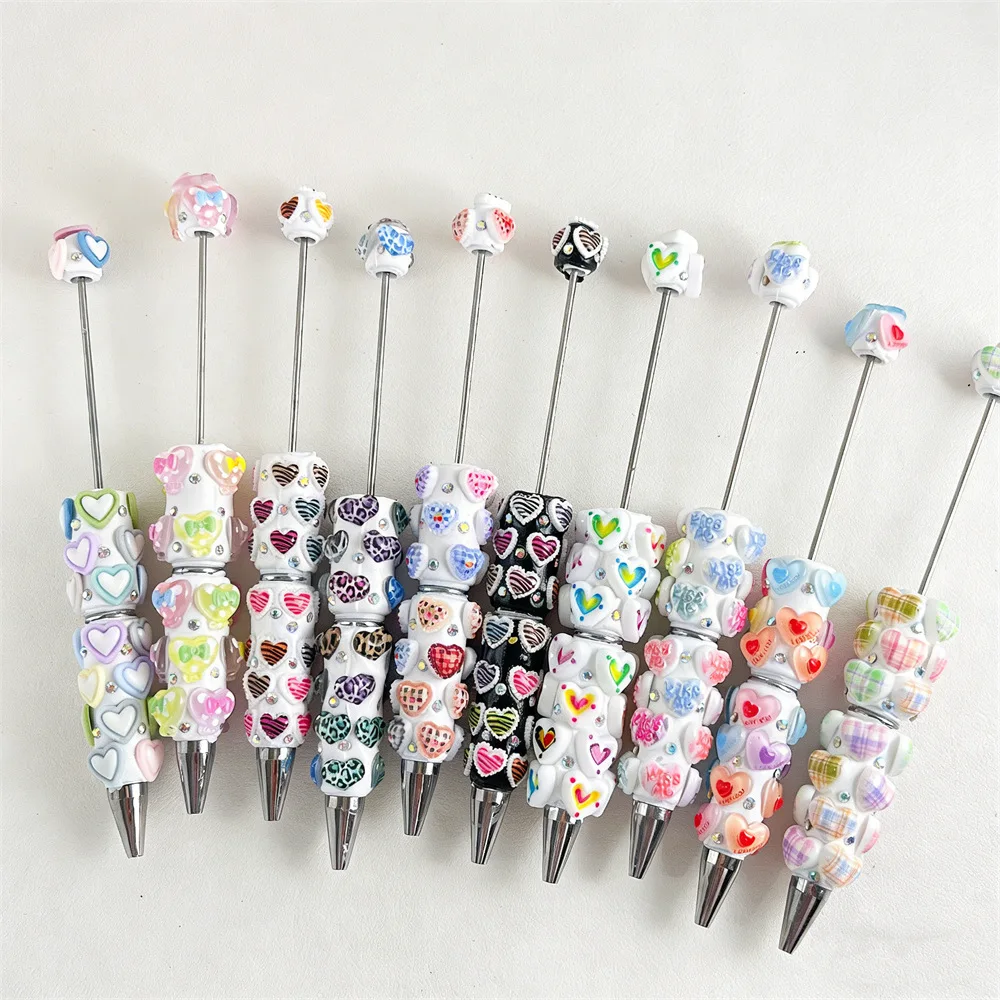 50Pcs Colorful Heart-shaped Bead Pens DIY Clay Macaron Bead Ballpoint Pens Wedding Favors School Office Stationery Supplies