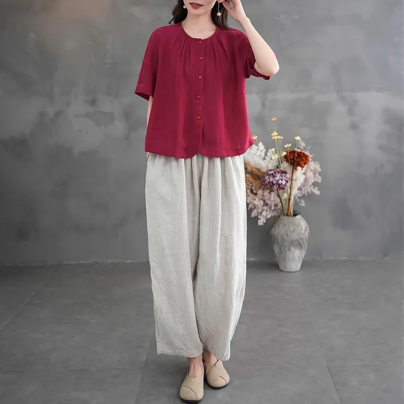 

High-End plus Size Women's Clothing Spring Summer New Vintage Loose Top Casual Pants Two-Piece Set Cotton Linen Suit