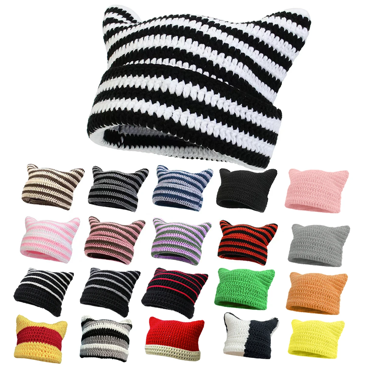 Corchet lindo gorro con orejas de gato para mujer invierno rayas moda coreana Y2K HipHop Cosplay ropa informal de punto hombres Skullies