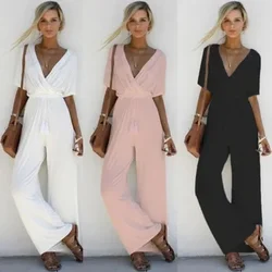 Women Summer Loose Short Sleeve Casual Jumpsuit Ladies Elegant V-Neck Fashion Clubwear Wide Leg Slim Pants Trouser lace-up waist