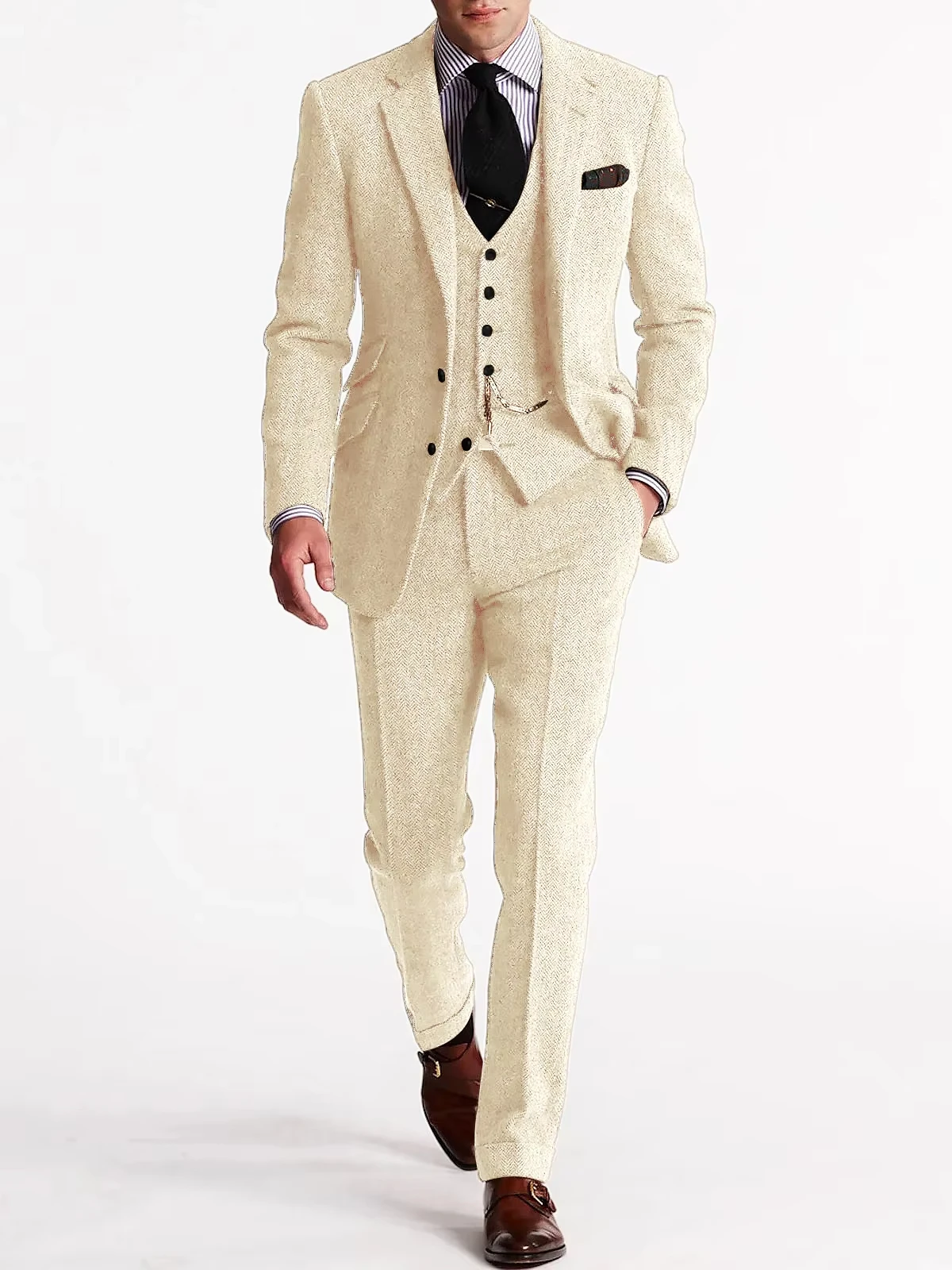 ﻿ Herringbone Tweed Suits for Men 3 Piece Set Double-Breasted Slim Fit Tuxedo Size Man Suit Set Custom Made Men Fashion Suits