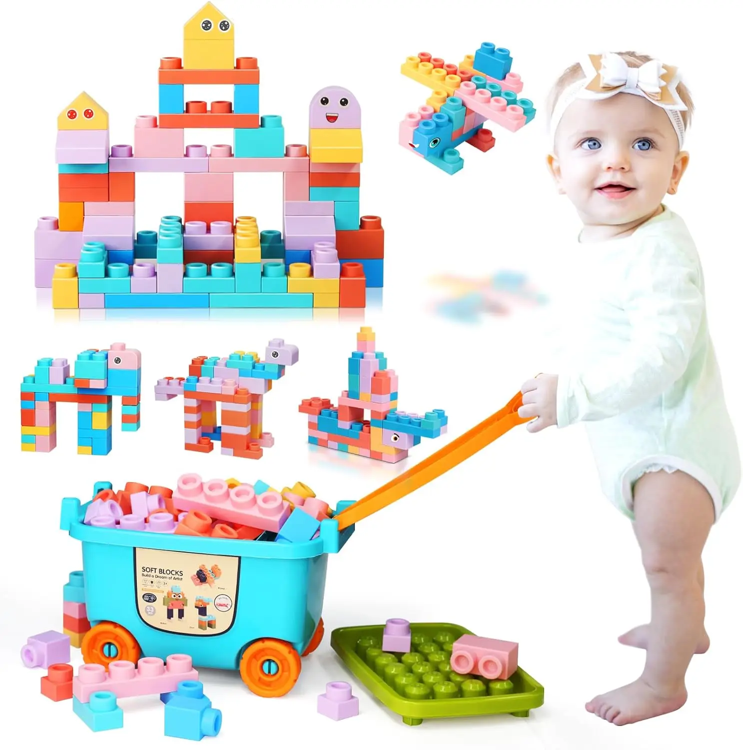 

Large Particle Soft Building Blocks with Storage Box & Pull Rods for Toddlers 18M-6Y, Preschool Toys