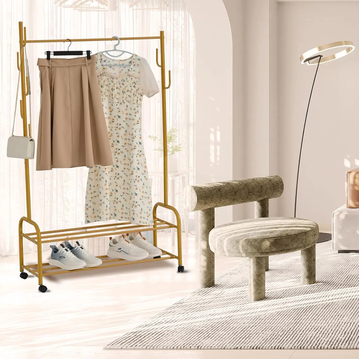 

Metal 2 layer Garment Rack Gold with Wheels 9 Hooks Clothing Rack for Hanging Clothes Bedroom Clothes Rack Coats Skirts Shirts