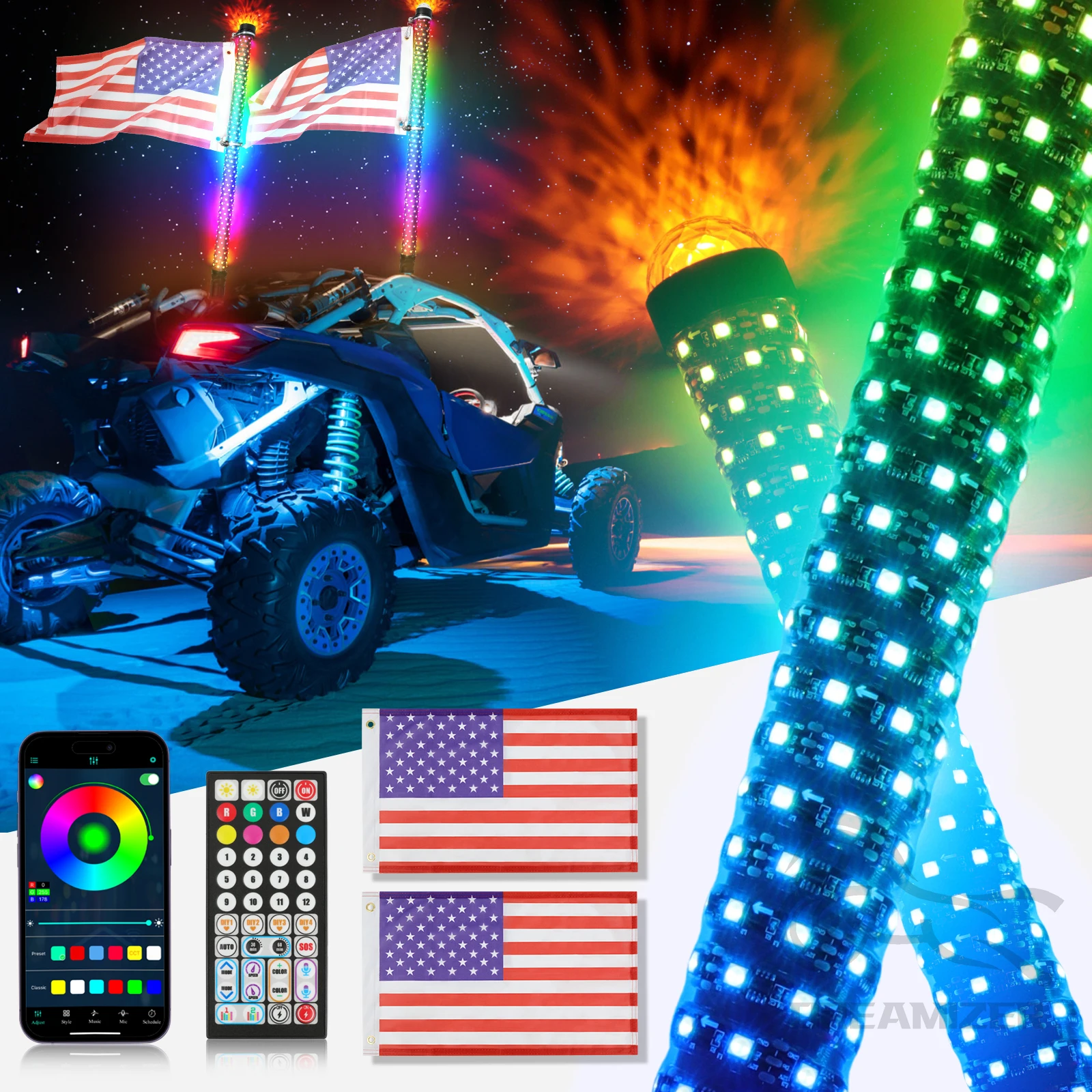 

2PC 3FT Fat Whip Lights Светодиодные хнуты с сигнальными огнями, боковыми сбоку с указателем поворота, стоп-сигналом, резервированием для UTV ATV RZR