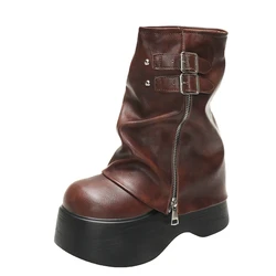 Stivali a metà polpaccio alla caviglia in morbida pelle inverno autunno piattaforma alta zeppa stivaletti britannici donna nuove signore stivali da moto grossi 9CM