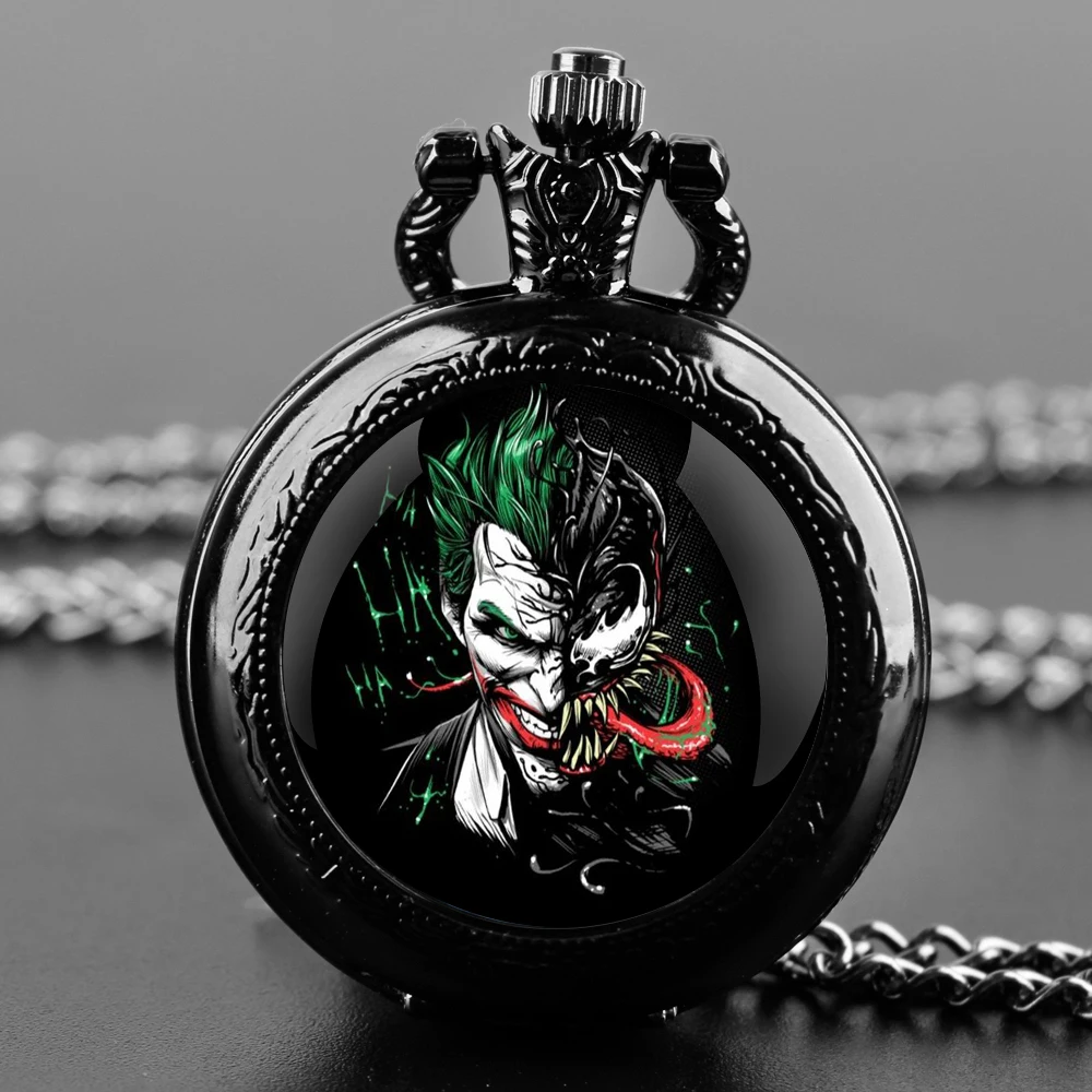 Joker Design Glass Dome Quartz Pocket Watch With Durable Chain Arabic Numeral Dial For Men And Women Creative Gifts