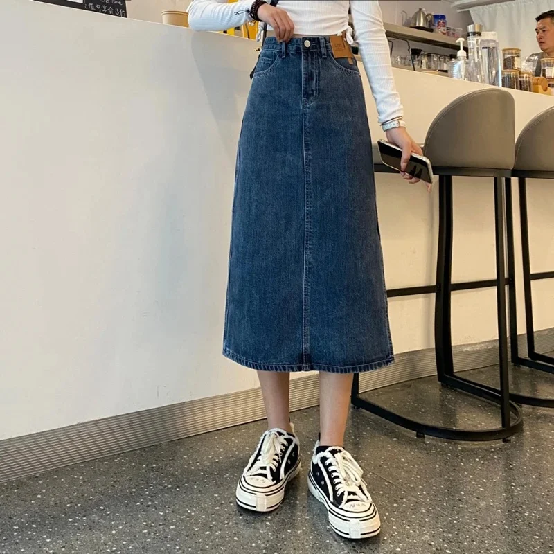 Women's Summer And Autumn New High Waist Split Wrapped Hip High Quality Soft Denim Skirt A-Line Mid Length Skirt