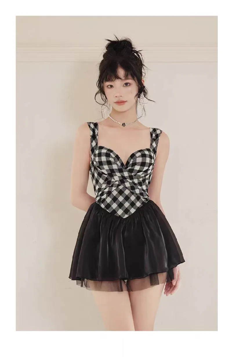 sexy Korean fashion conservative swimsuit one piece white black plaid patchwork mesh mini dress culottes bikinis padded swimwear