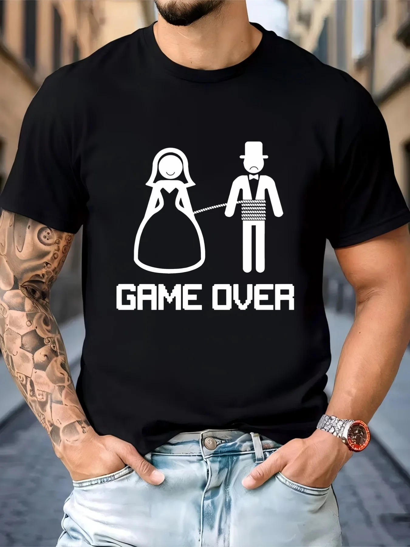 GAME OVER Wedding Sketch Pattern Printed Men'S T-Shirt, Funny And Trendy, Soft And Skin-Friendly, Suitable for All Seasons, Short Sleeve