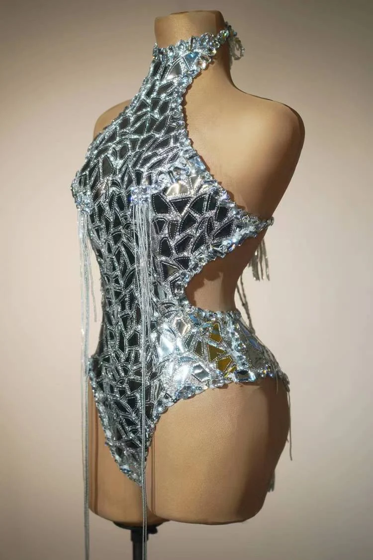 Nightclub Bar Gogo Dance Clothing Silver Mirror Backless Bodysuit Hat Gauze Coat Drag Queen Costume Sexy Jazz Dancewear