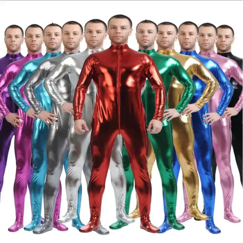 

Men Halloween Cosplay Suit Black Shiny Metallic Tights Gold Zentai Suit Full Body Unitard Bodysuit Zipper Front Cosplay Costume