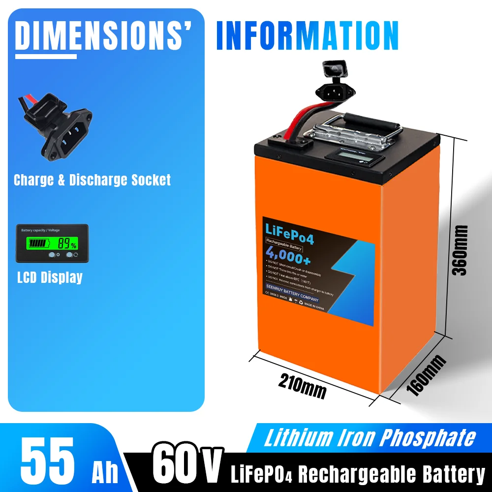 60V 50Ah 55Ah Lifepo4 Battery Pack Deep Cycle Built-in BMS for Electric Tricycle motorcycle Golf Cart Power Batteries